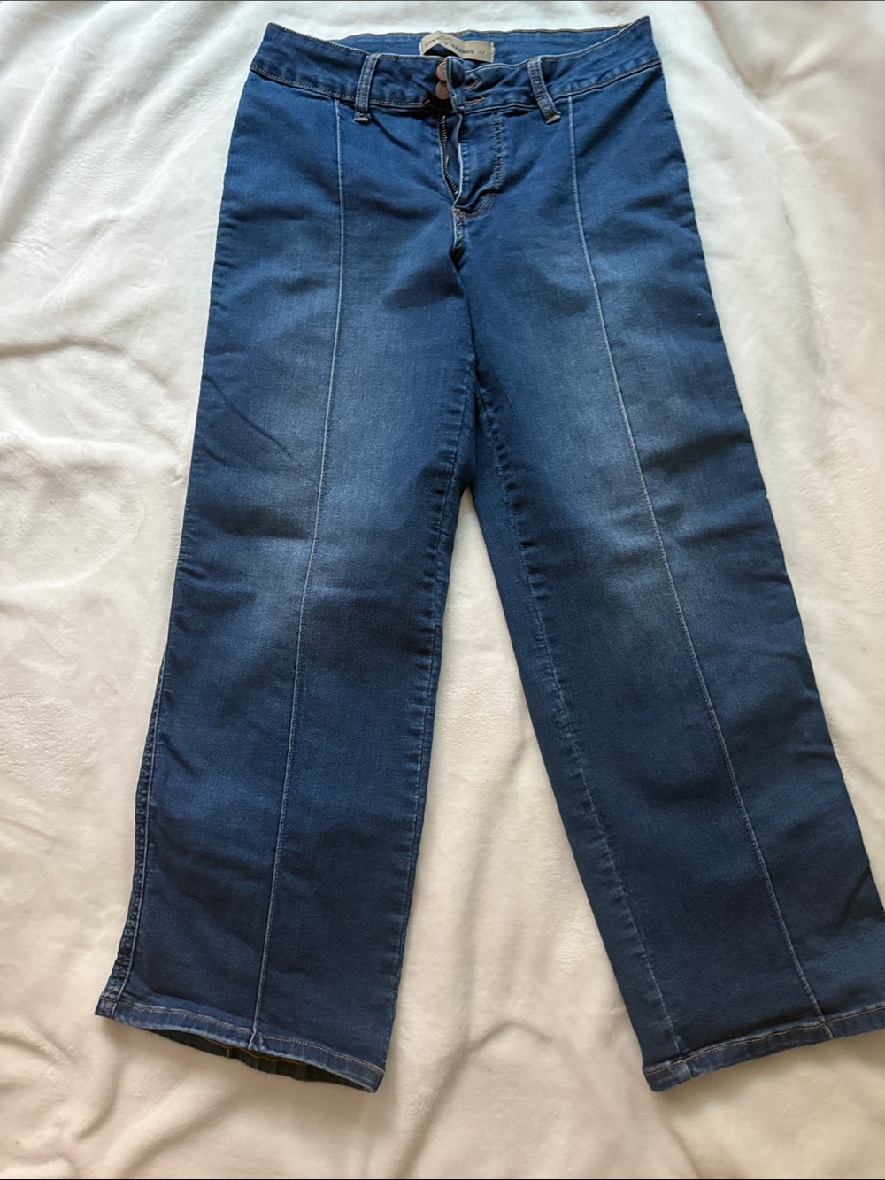 Wide Leg Dark Blue Women's Jeans with Front Seam Detail